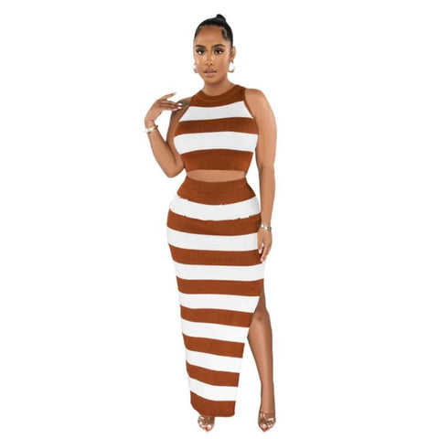 Striped Set-Sleeveless Crop Top and Side Slit Skirt Fashion Lovers