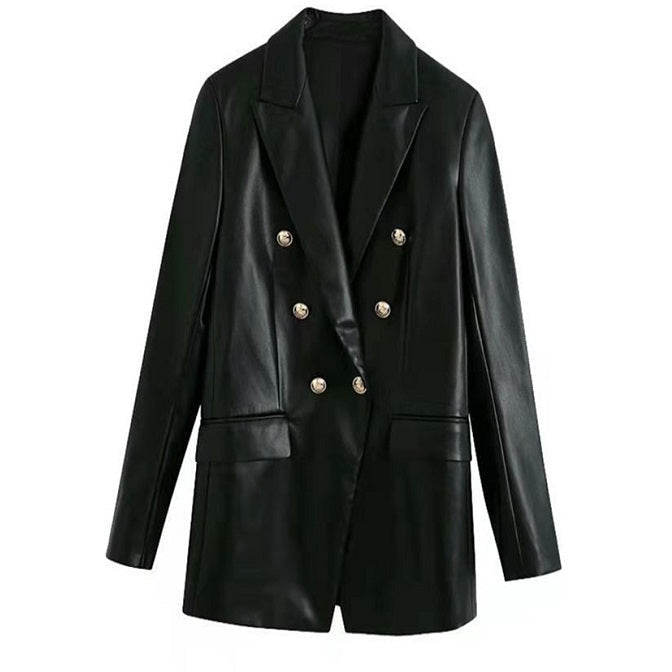 Black Faux Leather Long Sleeve Double-breasted  Female Jacket Fashion Lovers